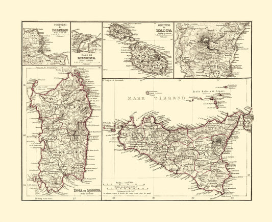 Historic Map - Italy Islands - Perthes 1870 - 28.22 x 23 - Vintage Wall Art