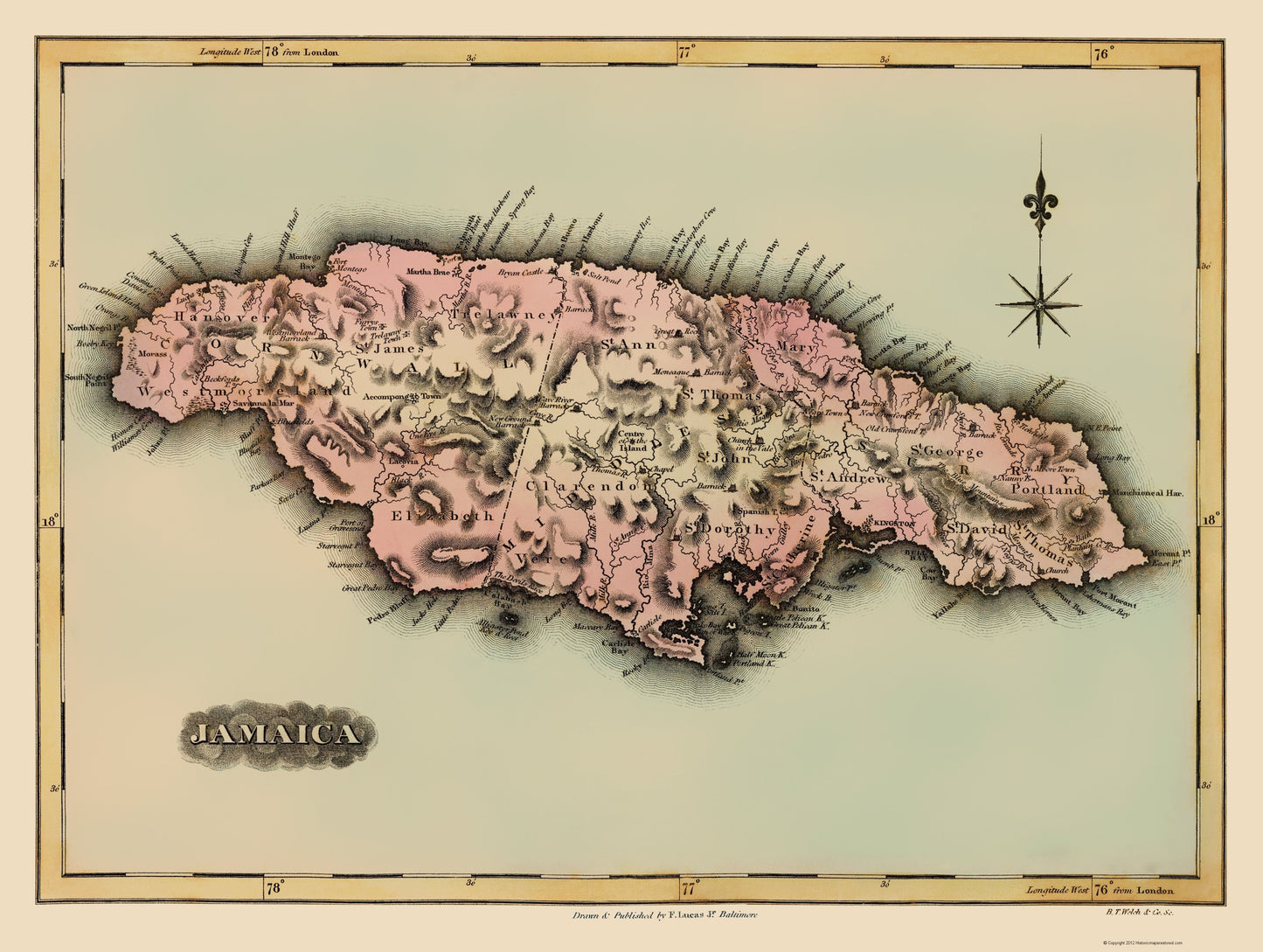 Historic Map - Jamaica - Lucas 1823 - 23 x 30.52 - Vintage Wall Art