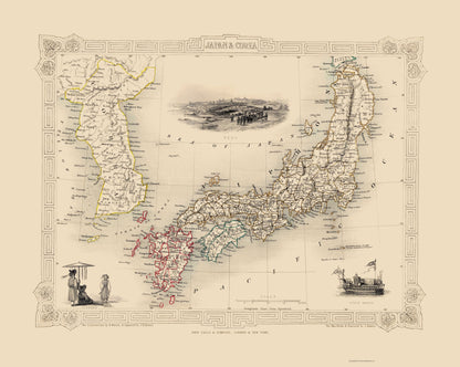 Historic Map - Japan Korea - Tallis 1851 - 23 x 28.83 - Vintage Wall Art