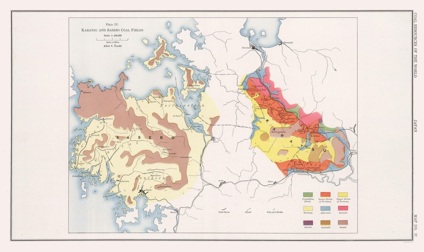 Historic Map - Karatsu Sasebo Japan Coal Fields - Otsuki 1913 - 38.69 x 23 - Vintage Wall Art