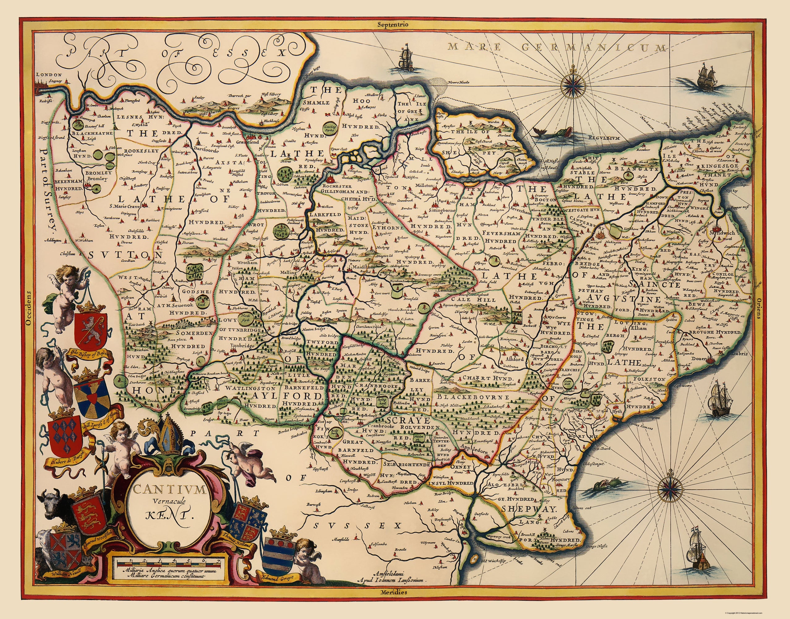Historic Map - Kent County England - Blaeu 1646 - Vintage Wall Art ...