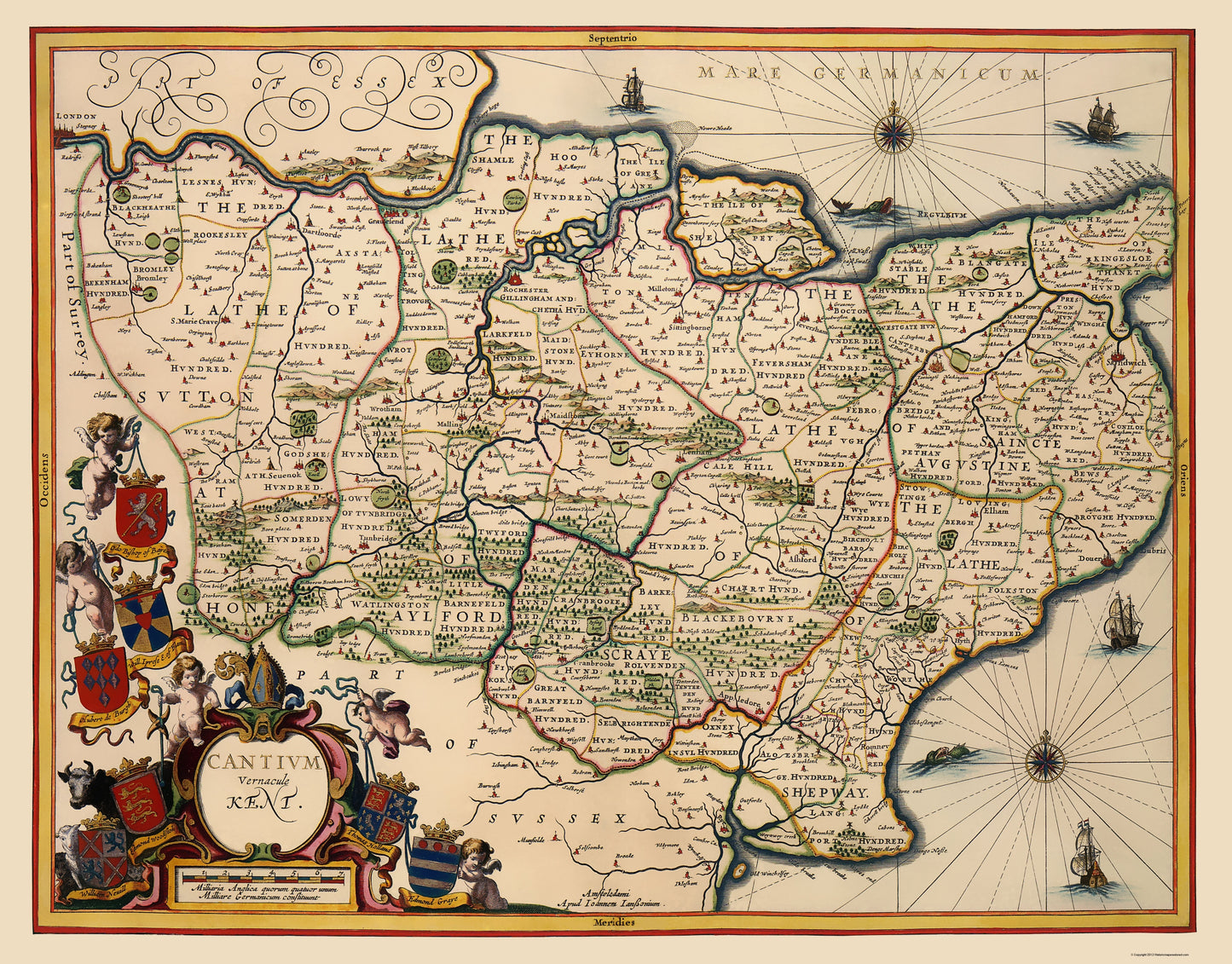 Historic Map - Kent County England - Blaeu 1646 - 23 x 29.39 - Vintage Wall Art