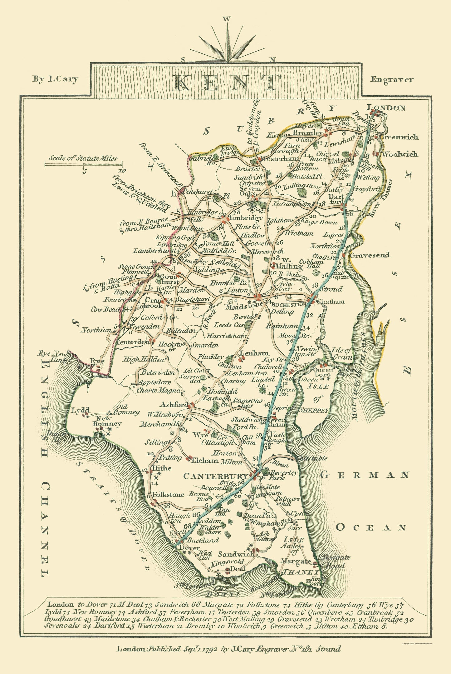 Historic Map - Kent County England - Cary 1792 - 23 x 34.32 - Vintage Wall Art