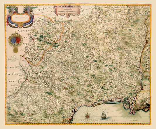 Historic Map - Languedoc Region France - Blaeu 1631 - 23 x 27.76 - Vintage Wall Art