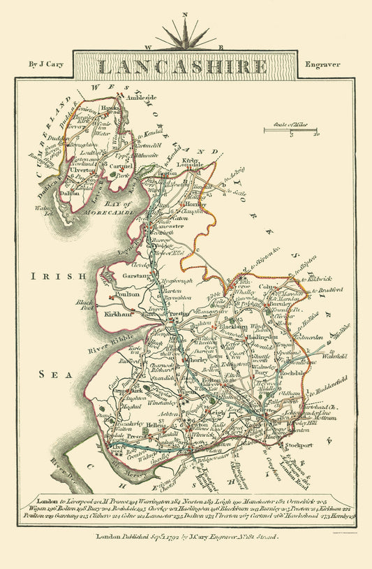 Historic Map - Lancashire County England - Cary 1792 - 23 x 35.14 - Vintage Wall Art