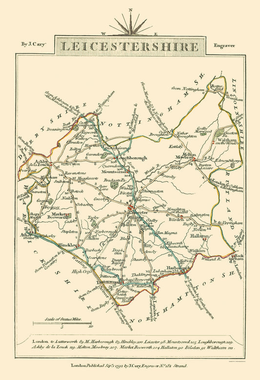 Historic Map - Leicestershire County England - Cary 1792 - 23 x 33.56 - Vintage Wall Art