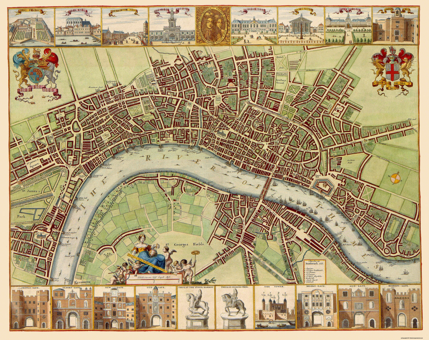 Historic Map - London England Thames River - DeHooghe 1689 - 29 x 23 - Vintage Wall Art
