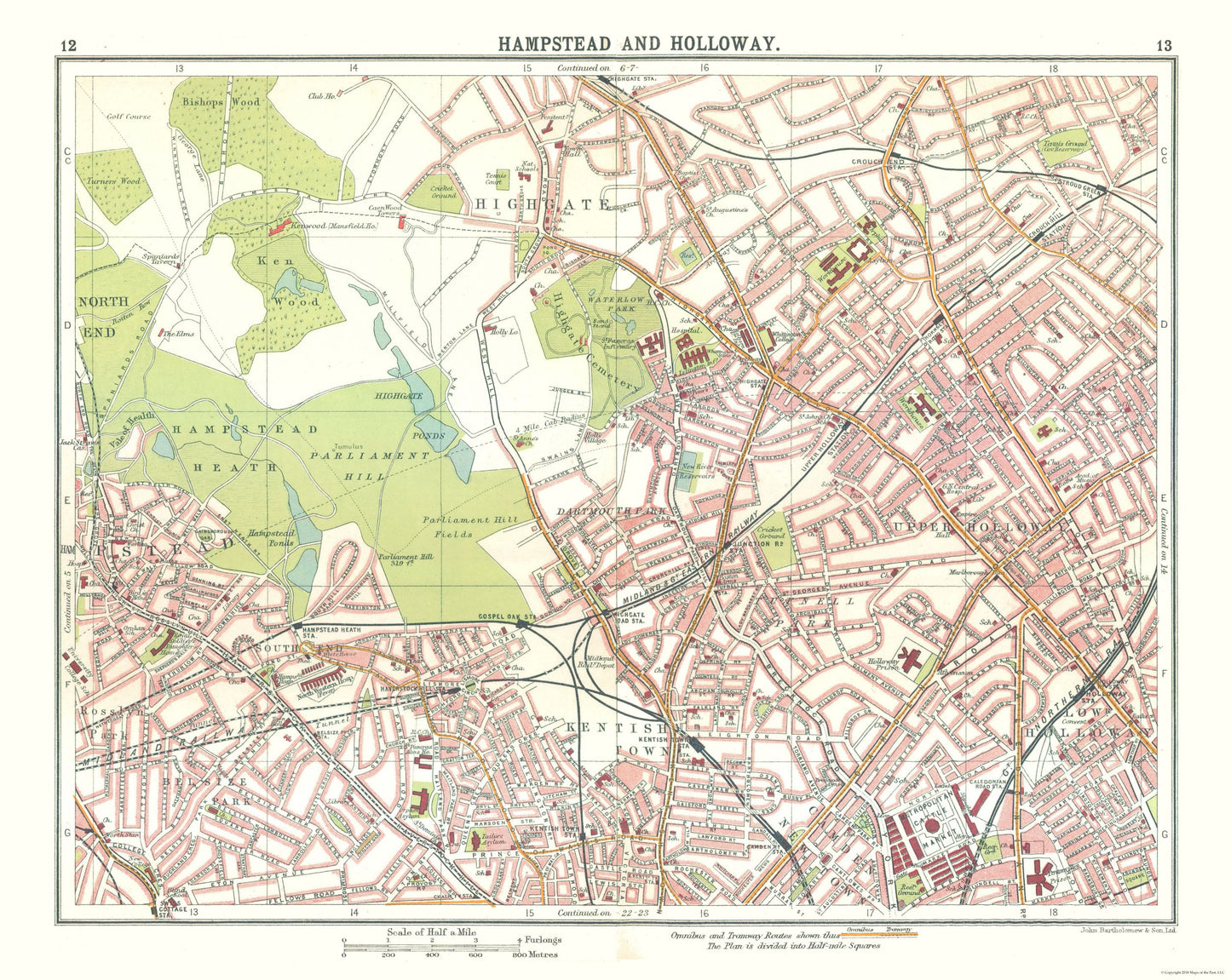 Historic Map - HampsteHolloway London - Bartholomew 1921 - 28.87 x 23 - Vintage Wall Art