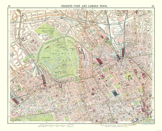 Historic Map - Regents Park Camden Town London - Bartholomew 1921 - 28.49 x 23 - Vintage Wall Art