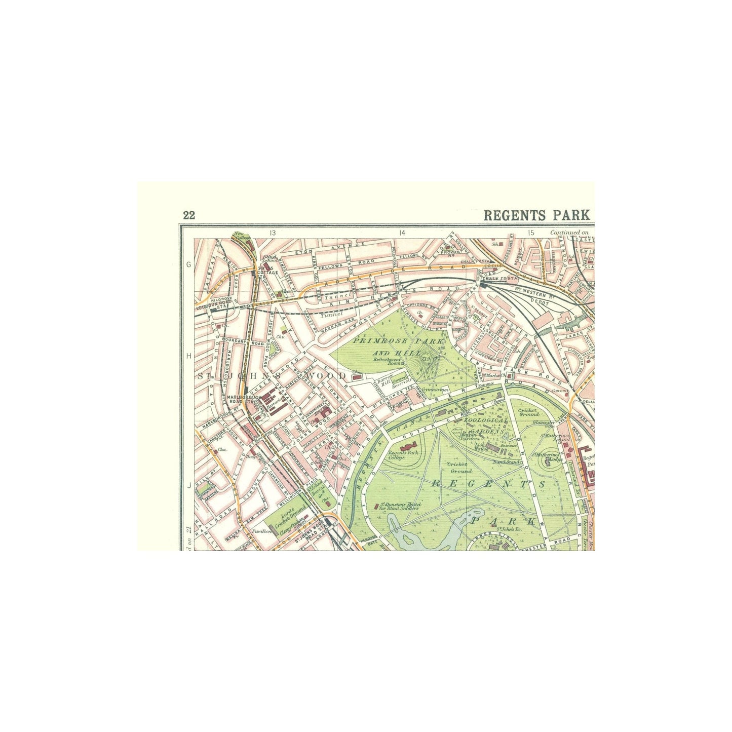 Historic Map - Regents Park Camden Town London - Bartholomew 1921 - 28.49 x 23 - Vintage Wall Art