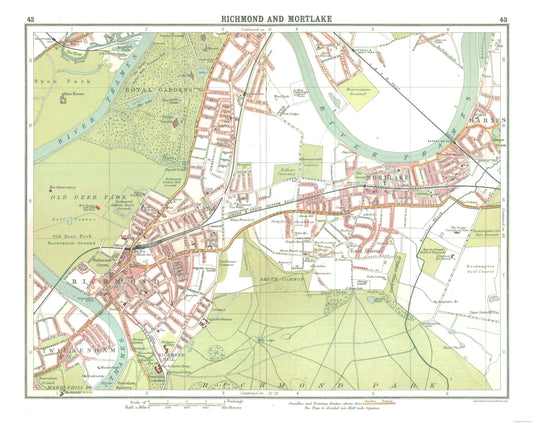 Historic Map - Richmond Mortlake London - Bartholomew 1921 - 28.99 x 23 - Vintage Wall Art
