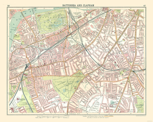Historic Map - Battersea Clapham London - Bartholomew 1921 - 28.79 x 23 - Vintage Wall Art