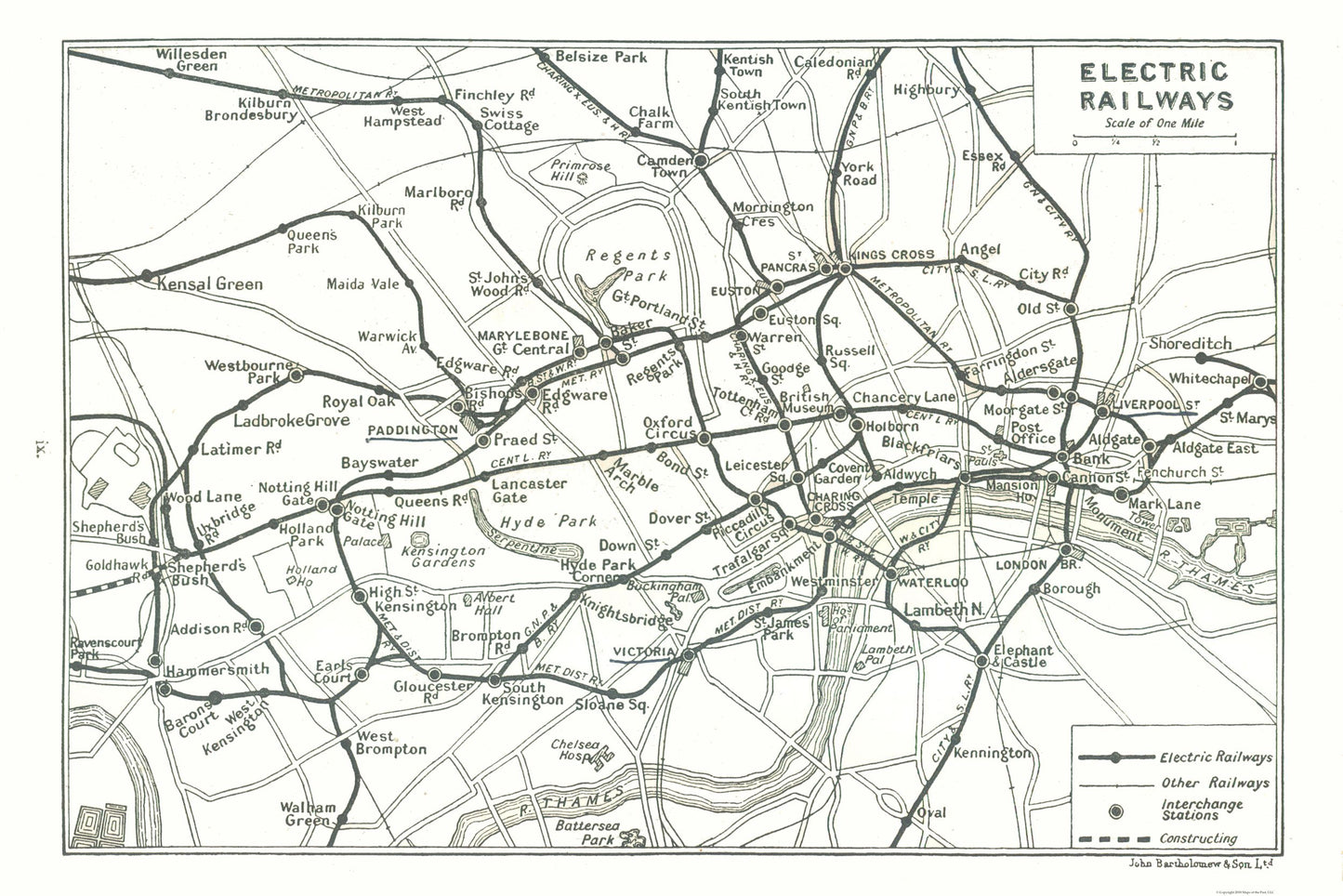 Historic Map - London Electric Railways - Bartholomew 1921 - 34.48 x 23 - Vintage Wall Art