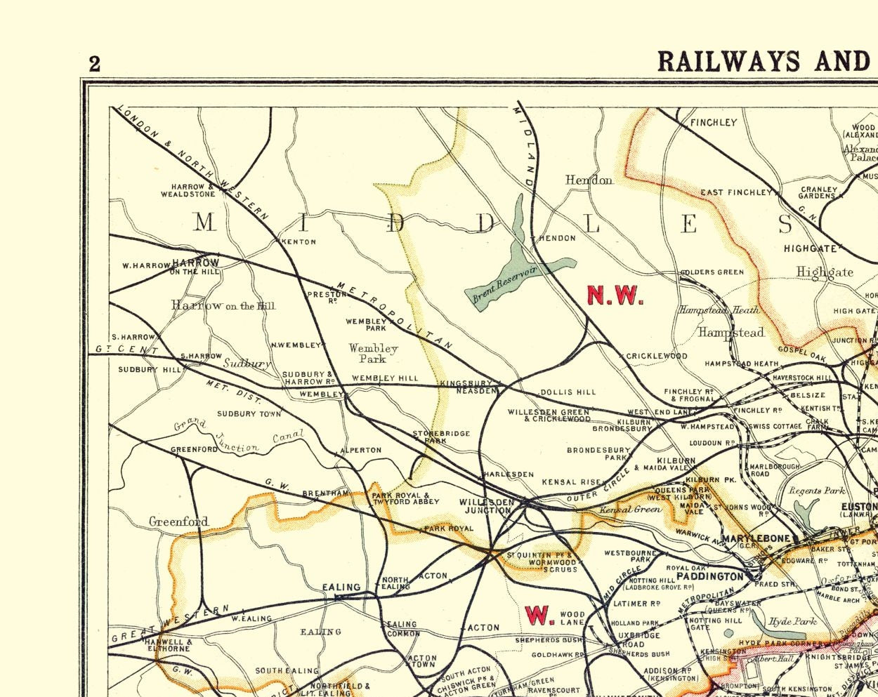 Historic Map - London England Railways Postal Districts - Bartholomew 1921 - 28.93 x 23 - Vintage Wall Art