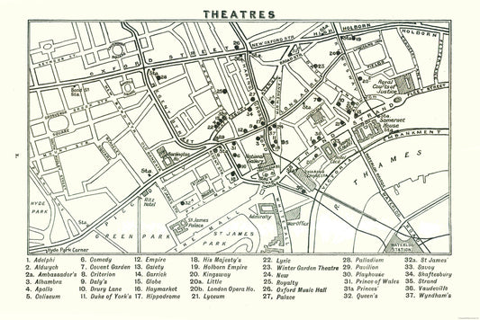 Historic Map - London Theatres - Bartholomew 1921 - 34.44 x 23 - Vintage Wall Art