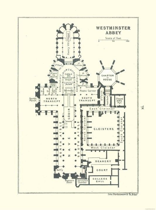 Historic Map - Westminster Abbey London - Bartholomew 1921 - 23 x 30.96 - Vintage Wall Art