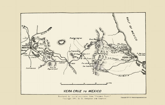 Historic War Map - Vera Cruz Mexico City - Appleton 1893 - 23 x 36.13 - Vintage Wall Art