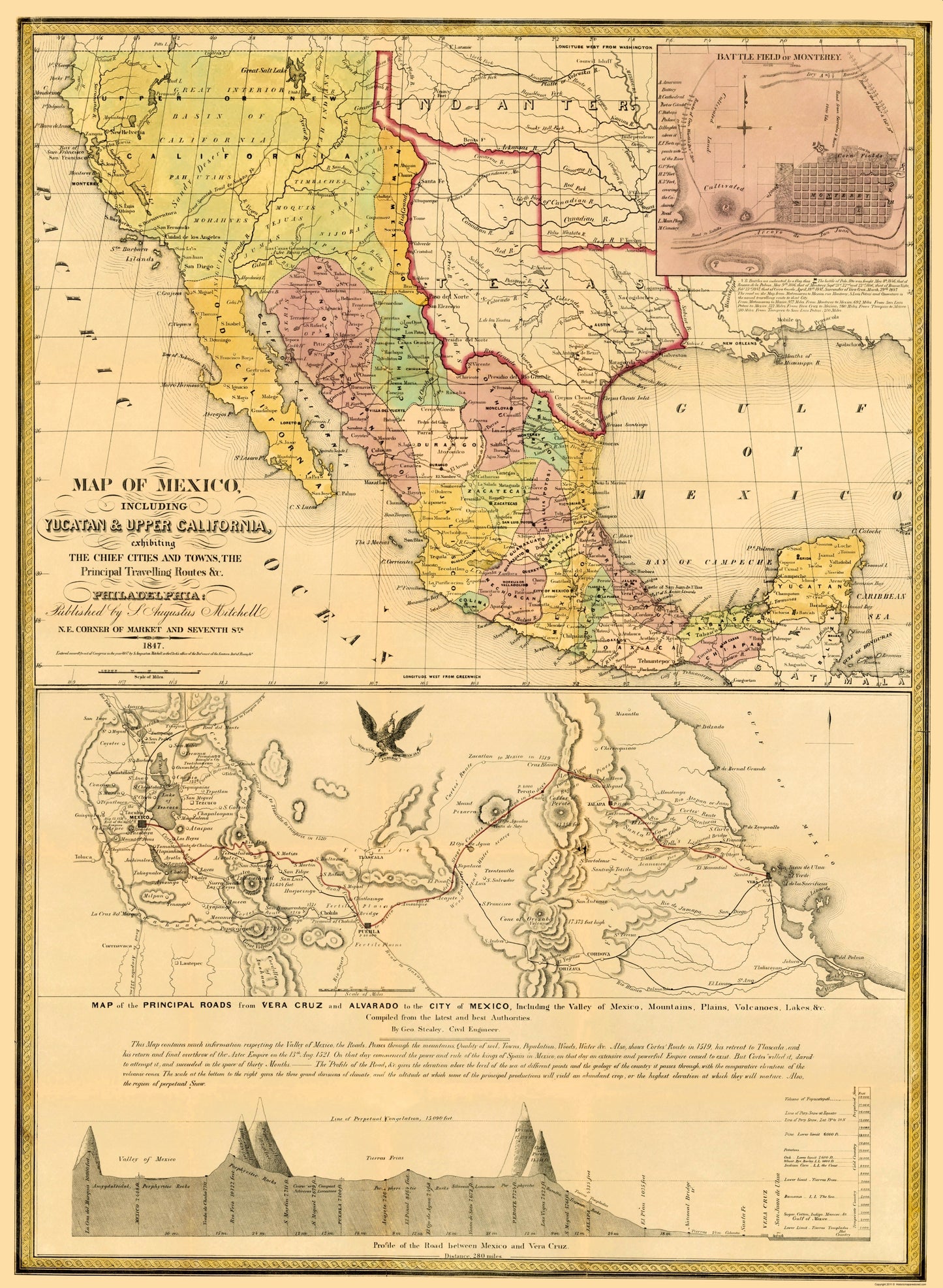 Historic Map - Mexico Yucatan Upper California - Mitchell 1847 - 23 x 31 - Vintage Wall Art