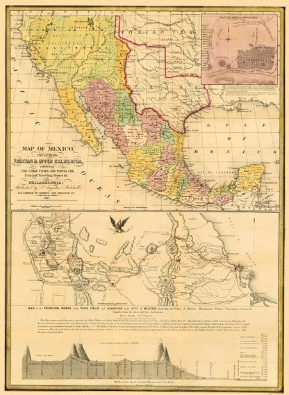 Historic Map - Mexico Yucatan Upper California - Mitchell 1847 - 23 x 31 - Vintage Wall Art