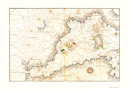 Historic Nautical Map - Mediterranean Sea Coast - Agnese 1544 - 23 x 33.25 - Vintage Wall Art