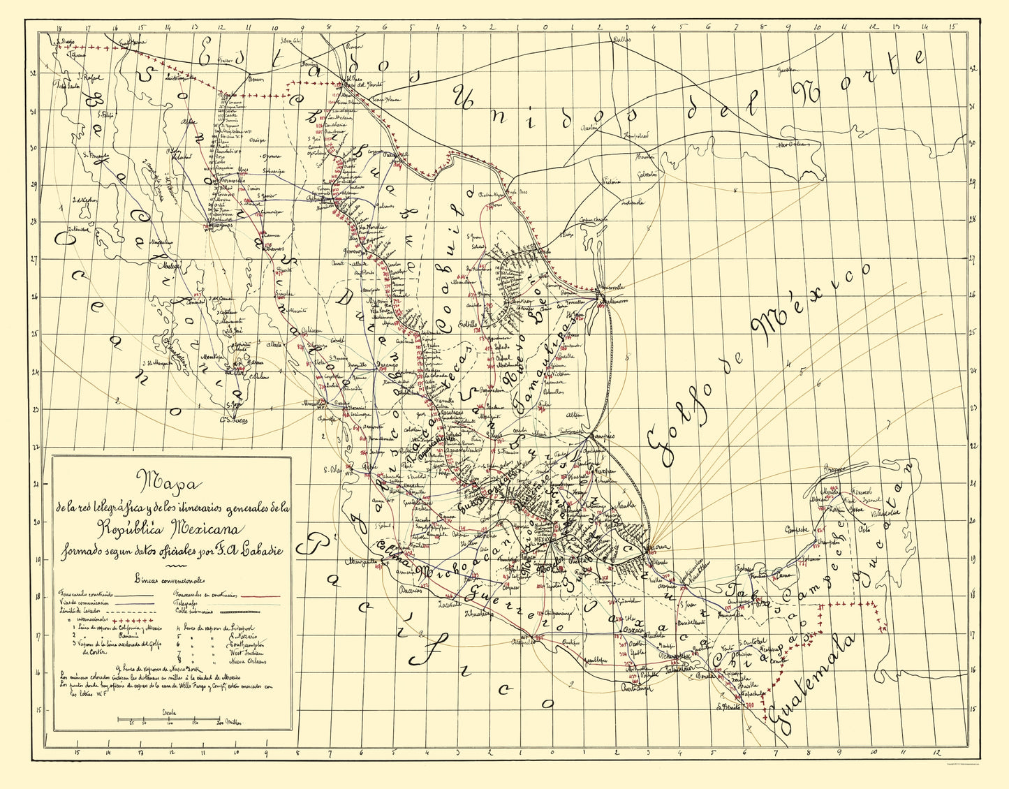 Historic Map - Mexico Telegraphs - Labadie 1884 - 23 x 29.41 - Vintage Wall Art