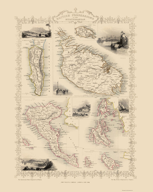 Historic Map - British Possessions Mediterranean Malta - Tallis 1851 - 23 x 28.83 - Vintage Wall Art