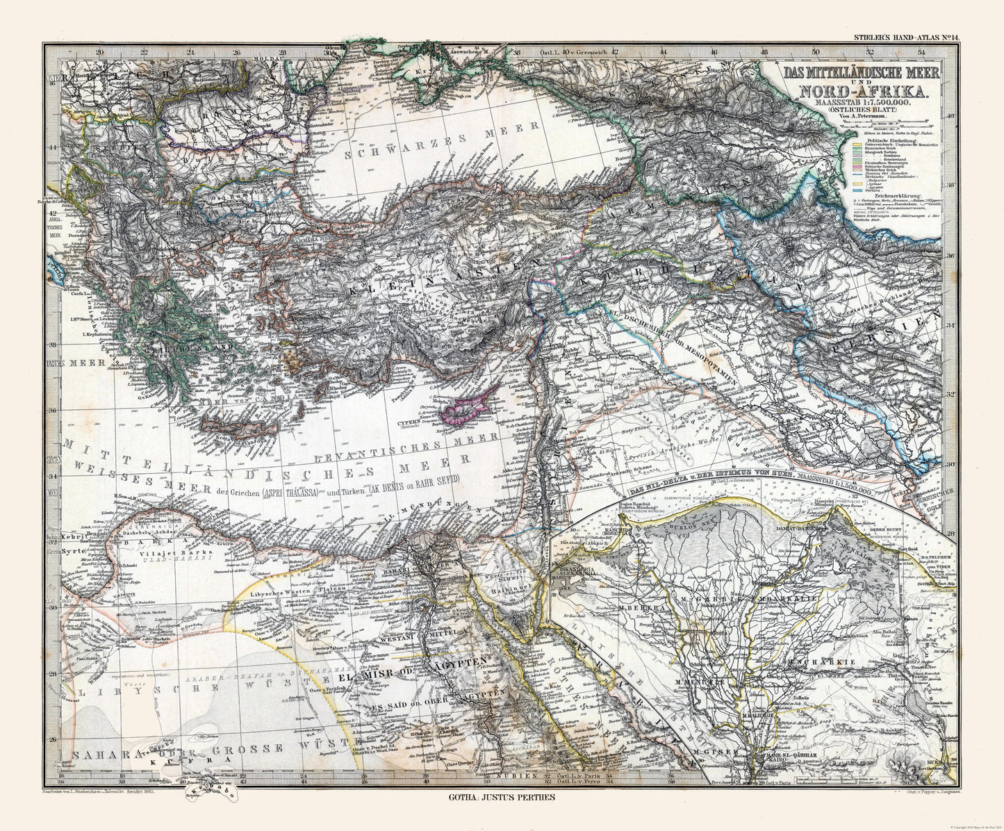 Historic Map - Eastern Mediterranean Sea North Africa - Stieler 1885 - 27.78 x 23 - Vintage Wall Art