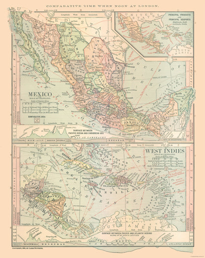 Historic Map - Mexico Guatemala West Indies - Monteith 1882 - 23 x 28.88 - Vintage Wall Art