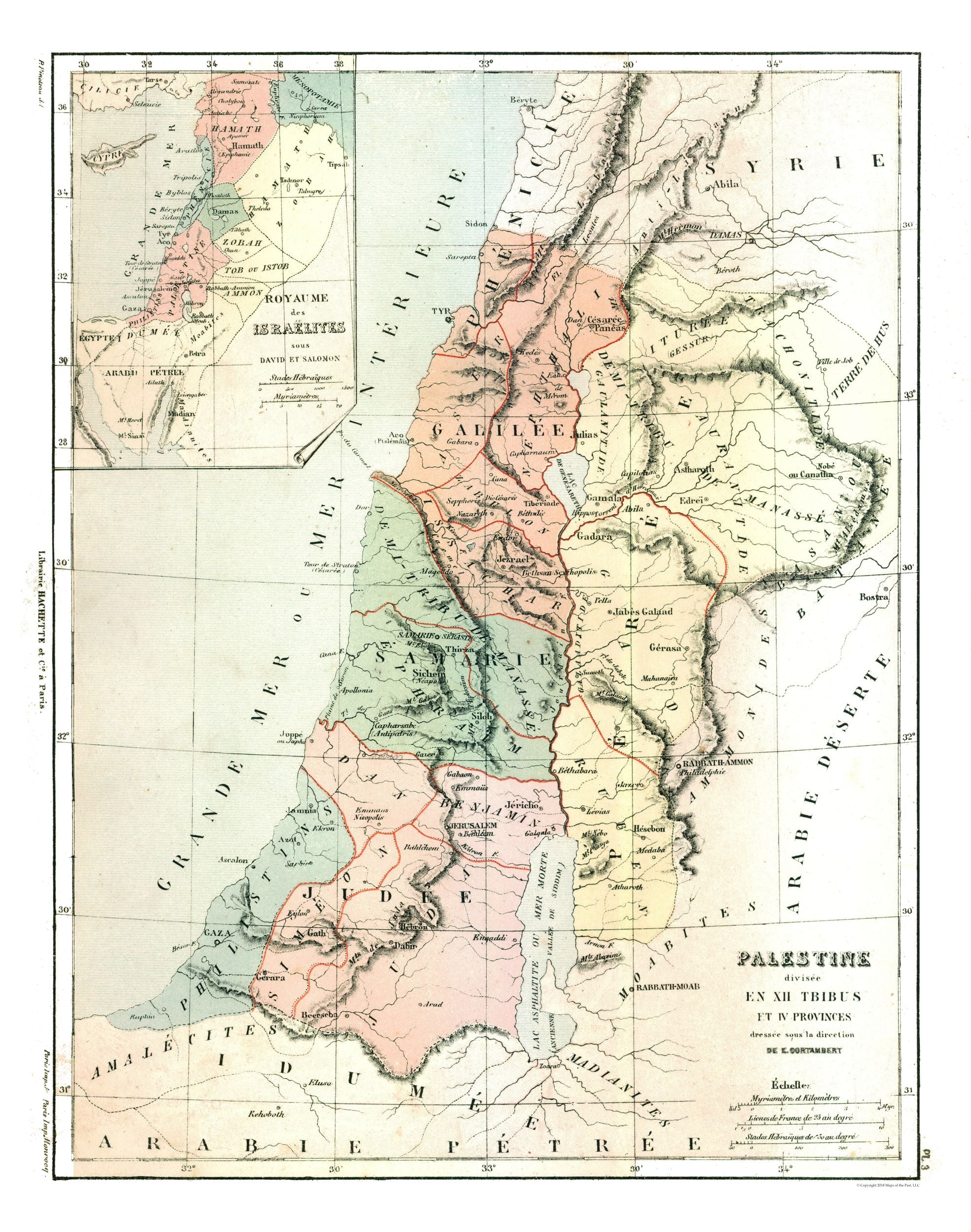 Historic Map - Kingdom of Israel - Cortambert 1880 - 23 x 29.18 - Vint ...