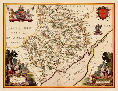 Historic Map - Monmouthshire Wales Great Britain - Blaeu 1645 - 23 x 30.03 - Vintage Wall Art