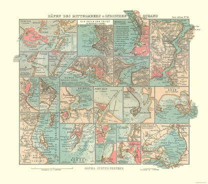 Historic Nautical Map - Mediterranean Sea Indian Ocean Ports - Perthes 1914 - 25.96 x 23 - Vintage Wall Art