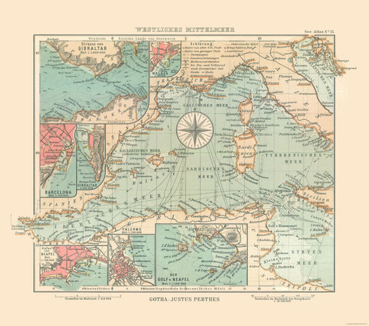 Historic Nautical Map - Mediterranean Sea Western - Perthes 1914 - 26.04 x 23 - Vintage Wall Art