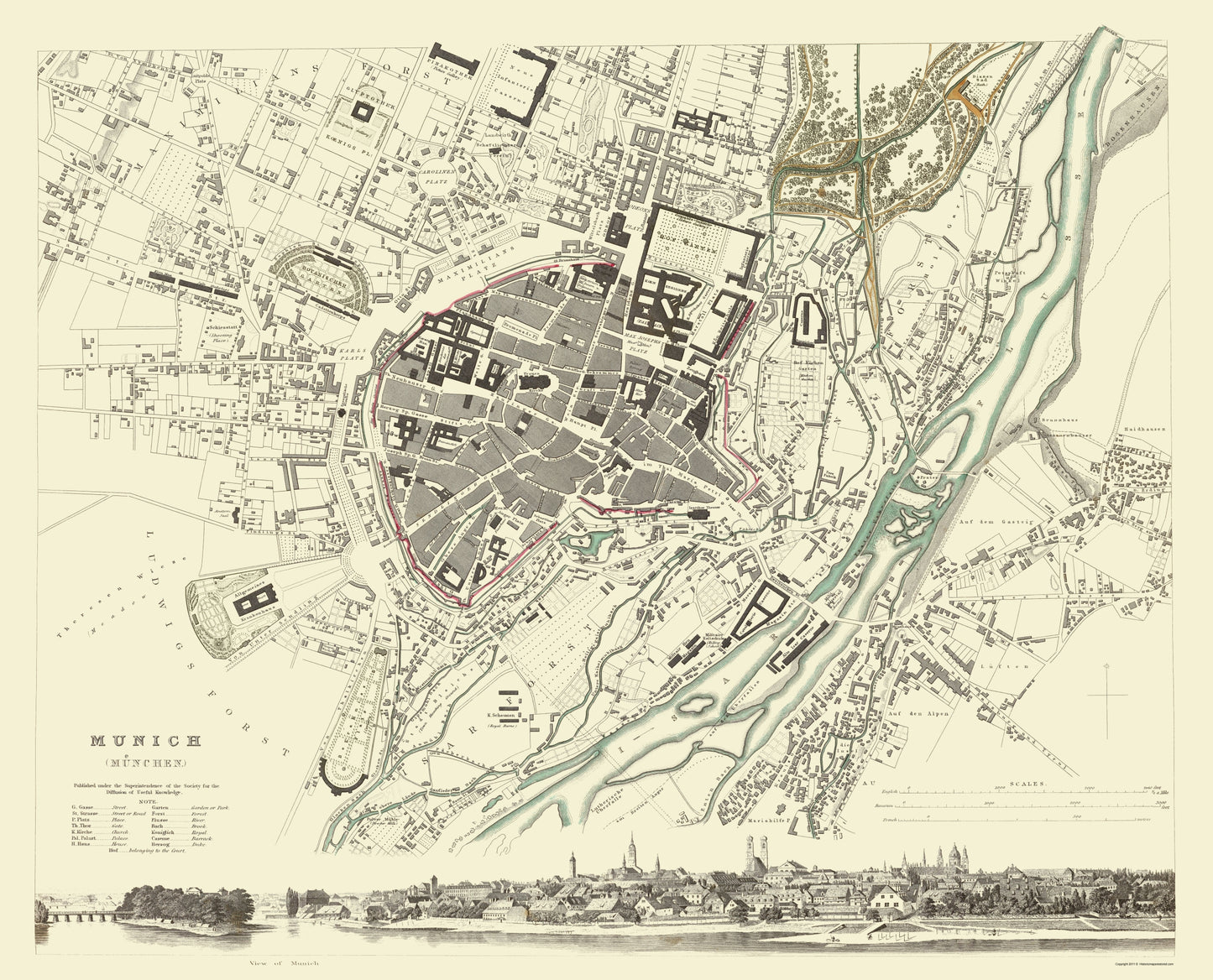 Historic Map - Munich Germany - Chapman 1837 - 23 x 28.46 - Vintage Wall Art