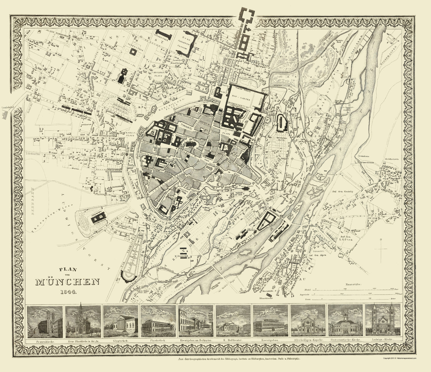 Historic Map - Munich Germany - Meyer 1860 - 23 x 26.65 - Vintage Wall Art