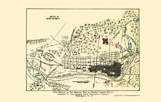 Historic War Map - Monterey Battle  - Church News 1892 - 23 x 36.26 - Vintage Wall Art