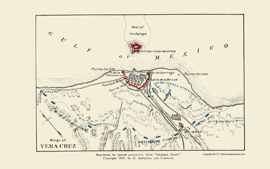 Historic War Map - Vera Cruz General Scott Siege - Appleton 1893 - 23 x 36.57 - Vintage Wall Art