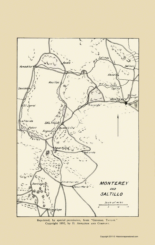 Historic War Map - Monterey Saltillo General Taylor - Appleton 1892 - 23 x 36.24 - Vintage Wall Art