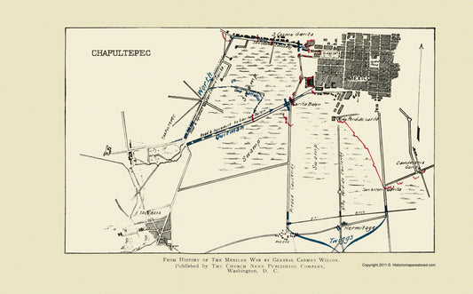 Historic War Map - Chapultepec Battle 3 of 3 - Church News 1892 - 23 x 37.03 - Vintage Wall Art