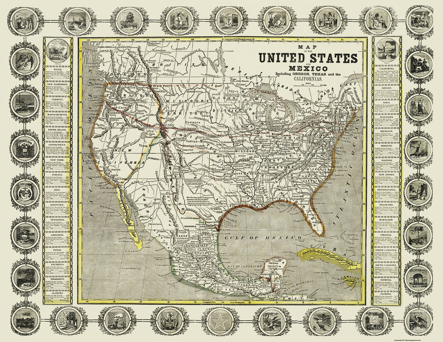 Historic Map - United States Mexico - Haven 1846 - 29.75 x 23 - Vintage Wall Art