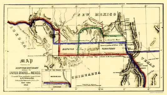 Historic Map - United States Mexico Disputed Boundary - Schroefer 1853 - 23 x 40.38 - Vintage Wall Art