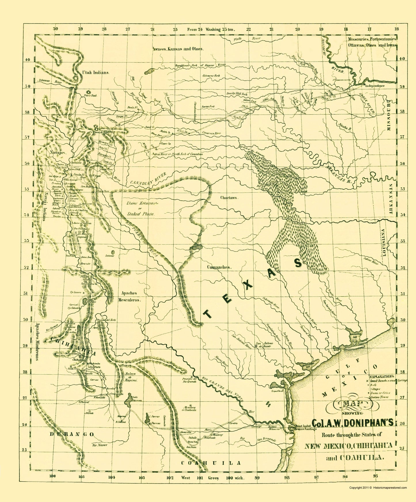 Historic Map - New Mexico Chihuahua Coahuila Route - Doniphan 1847 - 23 x 27 - Vintage Wall Art