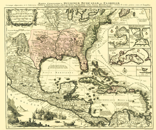 Historic Map - North America Region Mexico Florida United States - Vindel 1732 - 23 x 27 - Vintage Wall Art