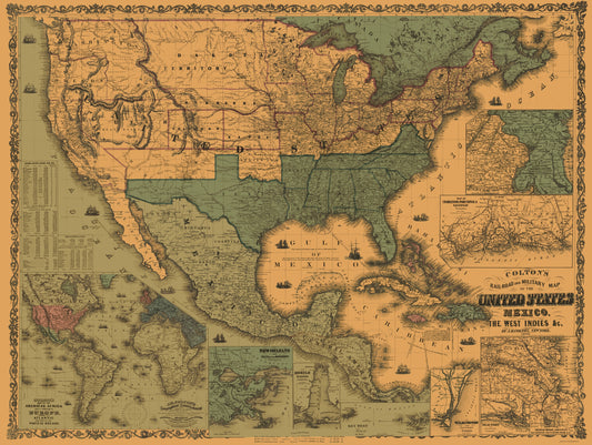 Historic Map - West Indies United States Mexico - Colton 1862 - 23 x 30 - Vintage Wall Art