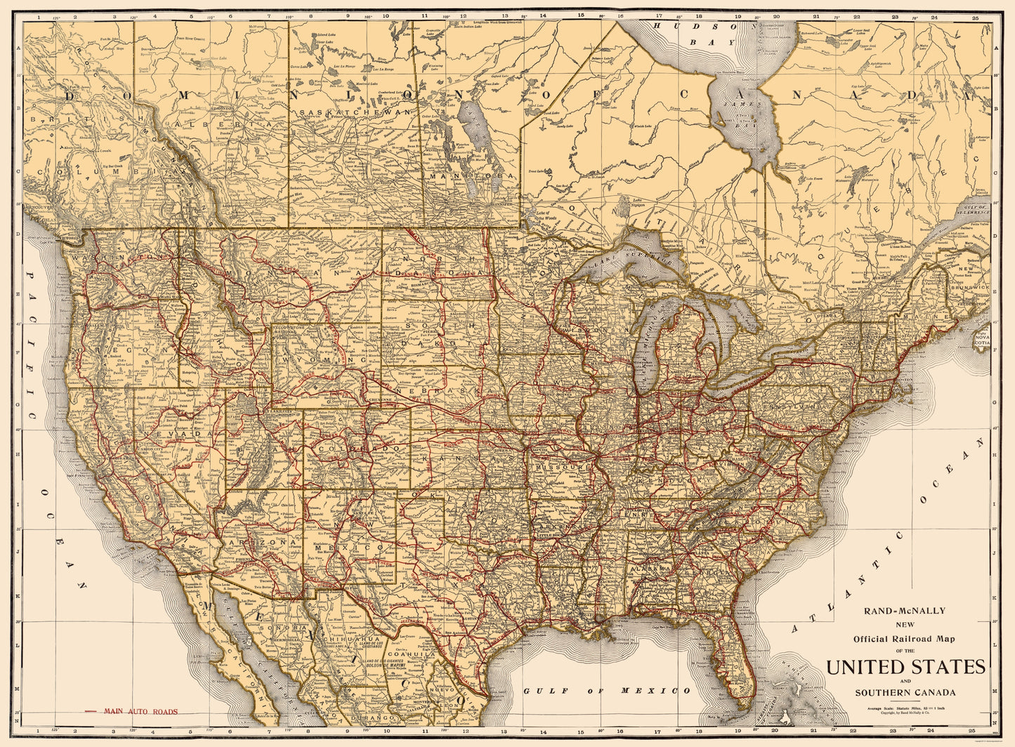 Railroad Map - United States Southern Canada Railroads - Rand McNally 1920 - 23 x 31 - Vintage Wall Art