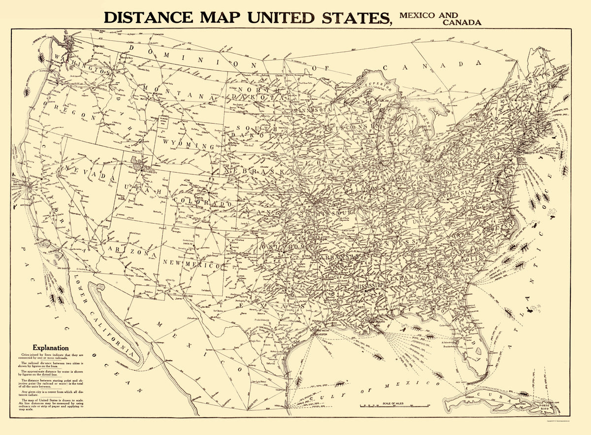 Historic Map - United States Mexico Canada Distance - Gallup 1919 - Wa ...
