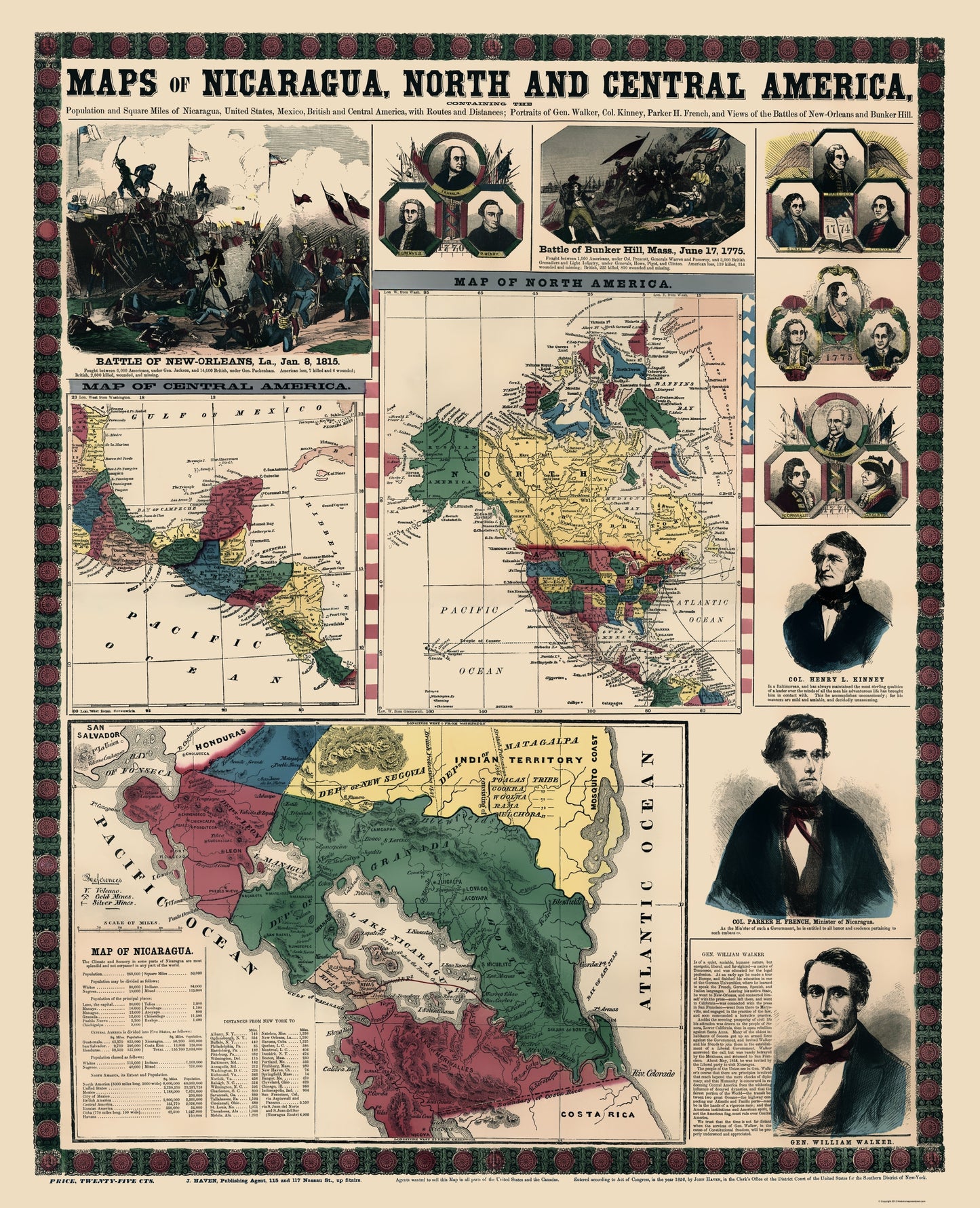 Historic Map - North Central America Nicaragua - Haven 1856 - 23 x 28 - Vintage Wall Art