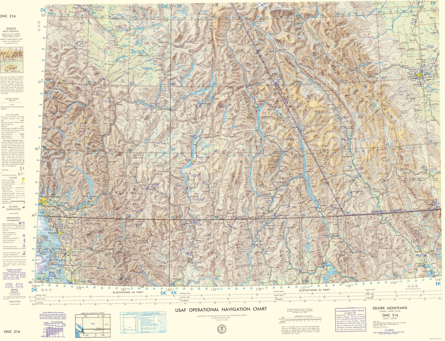 Topographical Map - Selkirk Mountains Aeronautical Sheet - USAF 1963 - 23 x 30.02 - Vintage Wall Art