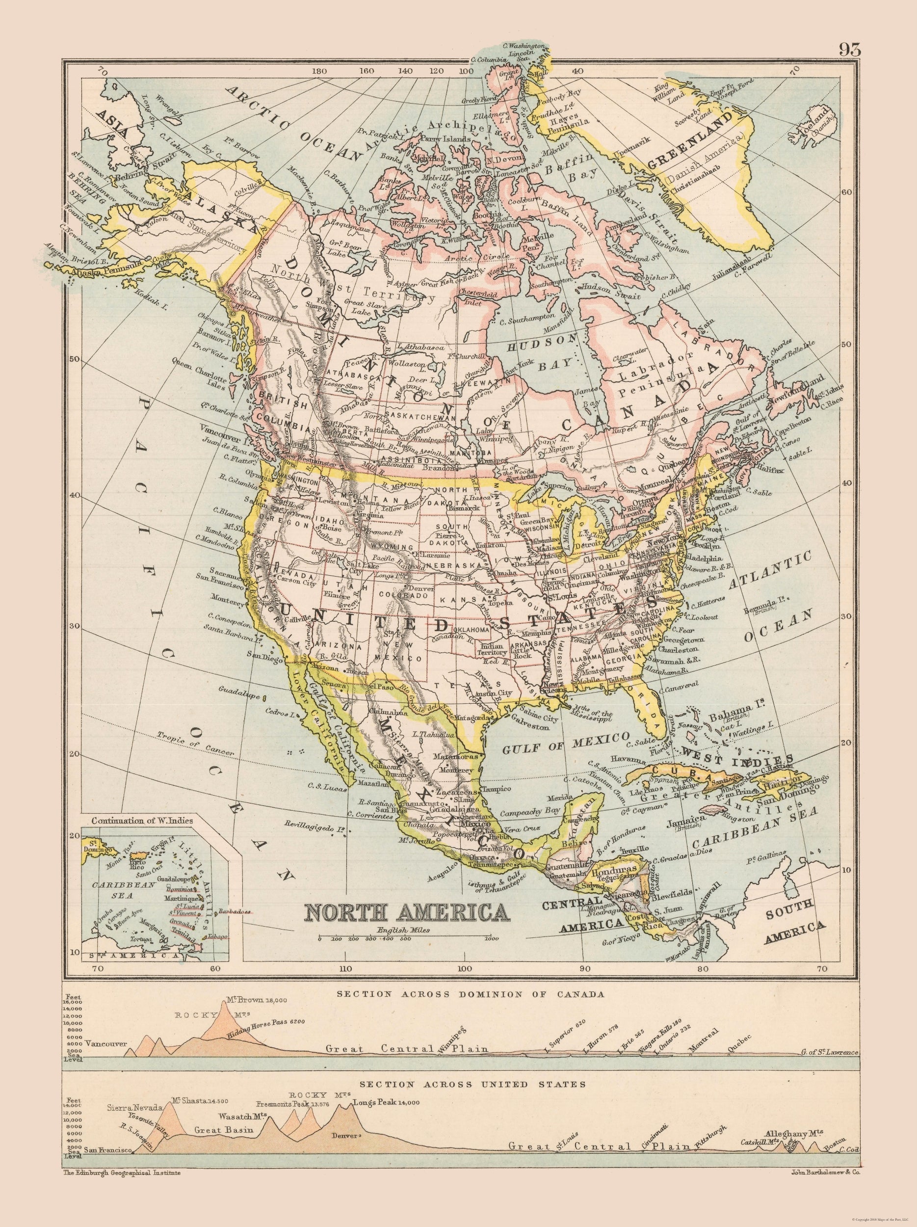 Historic Map - United States Mexico Canada - Bartholomew 1892 - 23 x 3 ...