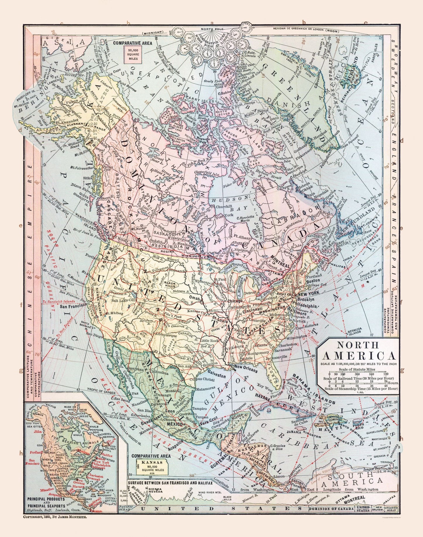 Historic Map - United States Mexico Canada - Monteith 1882 - 23 x 29.21 - Vintage Wall Art