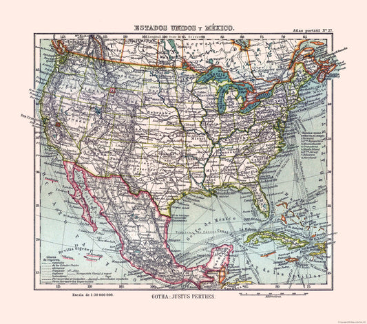 Historic Map - North America United States Mexico - Perthes 1921 - 26.02 x 23 - Vintage Wall Art